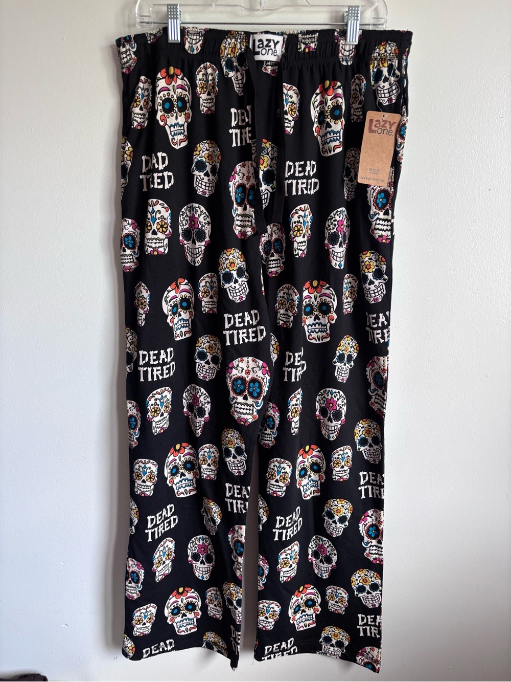Lazy One Unisex Black Sugar Skull Lounge Pants with Colorful Floral Accents